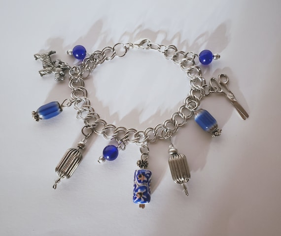 Vintage 925 Charm Bracelet, Double Link Blue Ster… - image 1