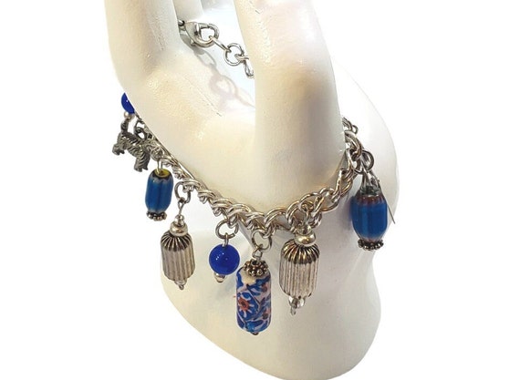 Vintage 925 Charm Bracelet, Double Link Blue Ster… - image 2