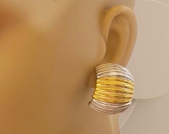 Vintage 80's Givenchy Ribbed Two-Tone Gold Silver Plate Hoop Earrings, Signed Retro Designer Collectible Costume Jewel Accessory Unisex