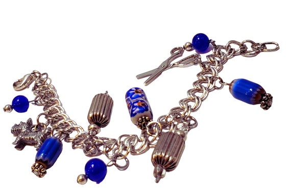 Vintage 925 Charm Bracelet, Double Link Blue Ster… - image 8