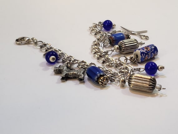 Vintage 925 Charm Bracelet, Double Link Blue Ster… - image 9