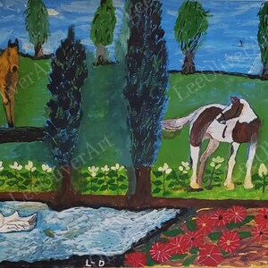 Cheval in the garden. Watercolour Painting.