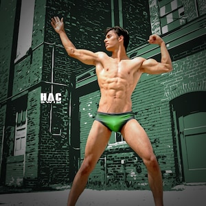 Zwembroek voor heren Basic zwemslip in groene ballistische print voor zwemmen, esthetische bodybuilding poseren of paaldansen voor heren