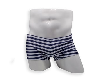 Mens Swimsuit Box Cut Swim Trunk in Navy Nautical Stripe Print for Swimming Aesthetic Bodybuilding Posing or Mens Pole Dance