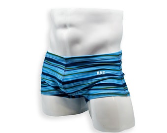 Mens Swimsuit Box Cut Swim Trunk in Tidal Stripe Print for Swimming Aesthetic Bodybuilding Posing or Mens Pole Dance