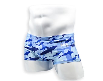 Mens Swimsuit Box Cut Swim Trunk in Blue Shark Print for Swimming Aesthetic Bodybuilding Posing or Mens Pole Dance