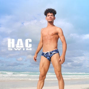 Mens Swimsuit Basic Swim Brief in Blue Dino Camo Print for Swimming Aesthetic Bodybuilding Posing or Mens Pole Dance