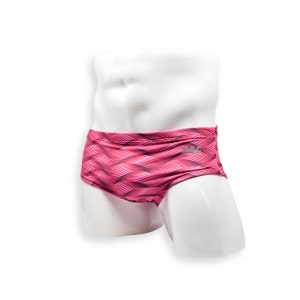 Mens Swimsuit Vintage Cut Swim Brief in Pink Wobbly Wave Print for Swimming Aesthetic Bodybuilding Posing or Mens Pole Dance