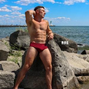 Mens Swimsuit Vintage Cut Swim Brief in Burgundy for Swimming Aesthetic Bodybuilding Posing or Mens Pole Dance