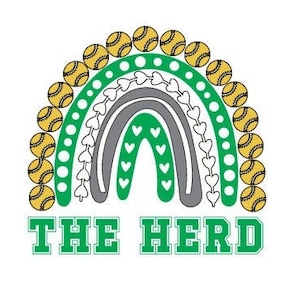 May include: A green and gray rainbow with white hearts and a white and green dotted border. Yellow softball icons surround the rainbow. The text "THE HERD" is below the rainbow.