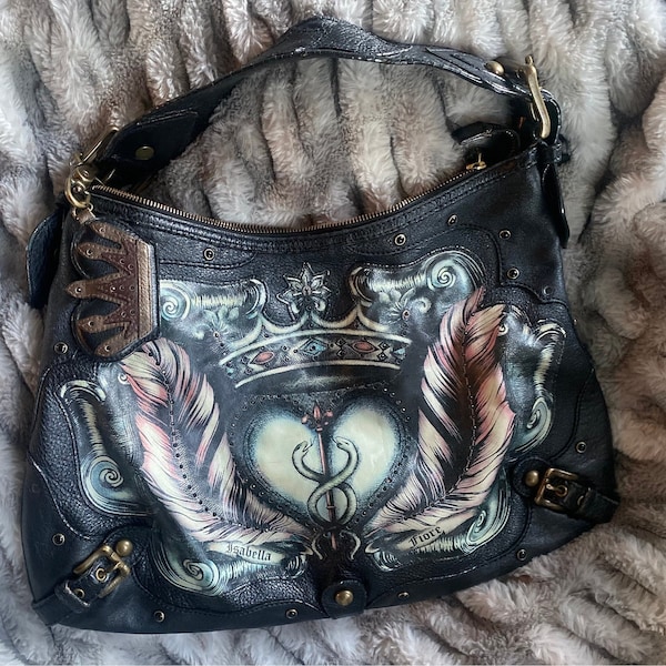 Isabella Fiore Tattoo Leather Rhinestone Studded Bag Signed Heart Serpents Feathers CROWN Limited Rare