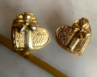Vintage Gold tone Statement Earrings Heart Shaped Box