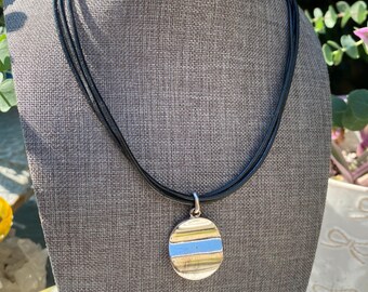 Vintage 90's double leather cord necklace silver tone disc pendant