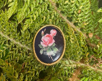 Crown Trifari Enamel Black Pink Rose Brooch