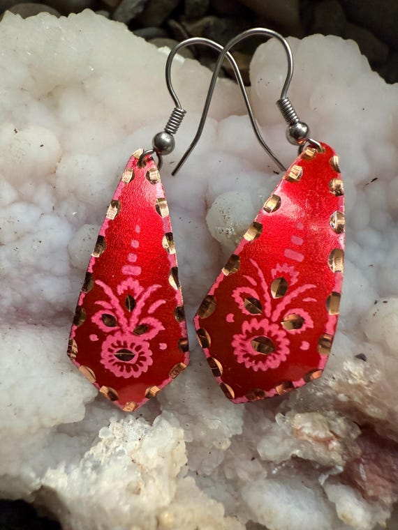 Handpainted Copper Dangle Earrings Red - image 2