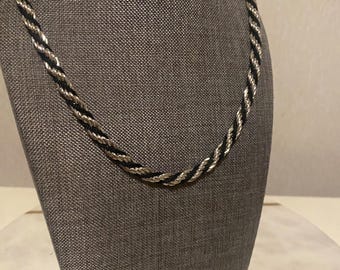 Vintage Trifari Black Silver 2 tone Rope Braided necklace chain layering necklace stack
