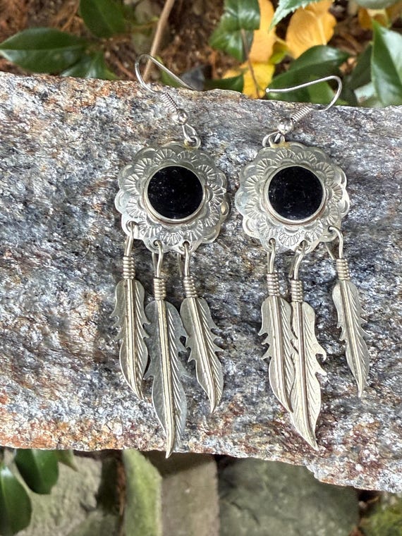 Sterling Silver Native Style onyx feather dangle earrings dream catcher