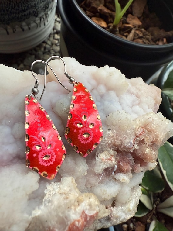 Handpainted Copper Dangle Earrings Red - image 1