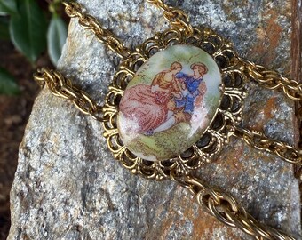 French Signed Limoges Fragonard Cameo Choker Triple strand multi strand Necklace Courting Couple Hand Painted porcelain