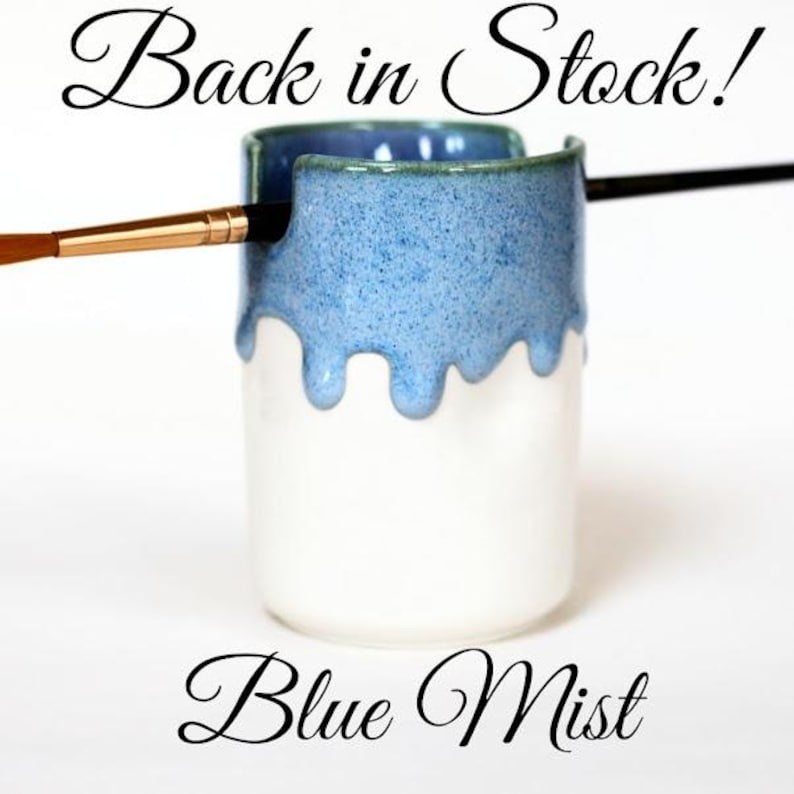 Handmade Ceramic Paintbrush Holder: (Pastels) Glazed Pottery 9x6cm. Artist gift. Blue Mist