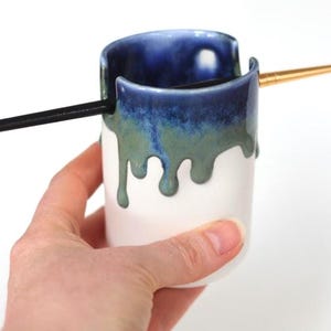 Handmade Ceramic Paintbrush Holder: (Pastels) Glazed Pottery 9x6cm. Artist gift. Waterfall