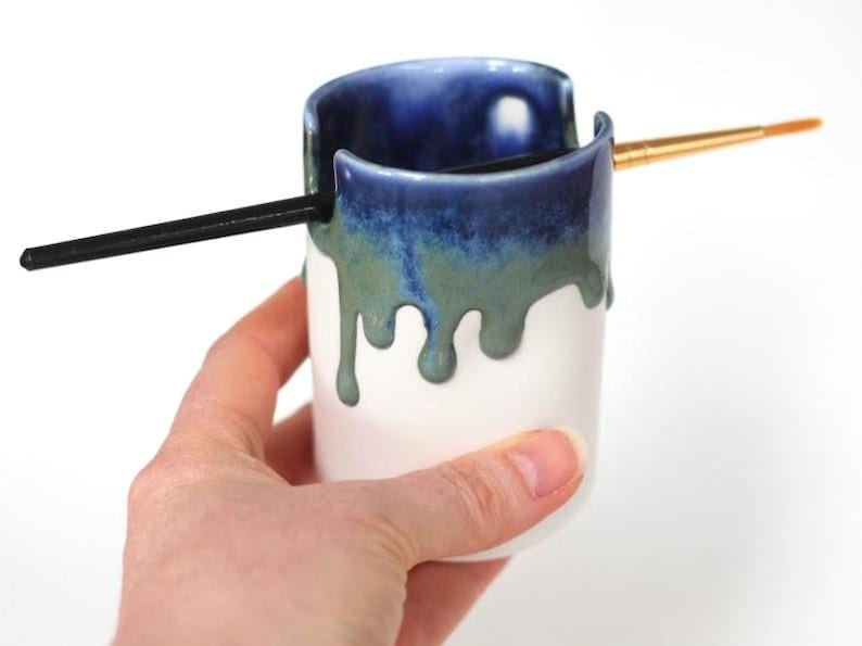 Handmade Ceramic Paintbrush Holder: (Pastels) Glazed Pottery 9x6cm. Artist gift. Waterfall