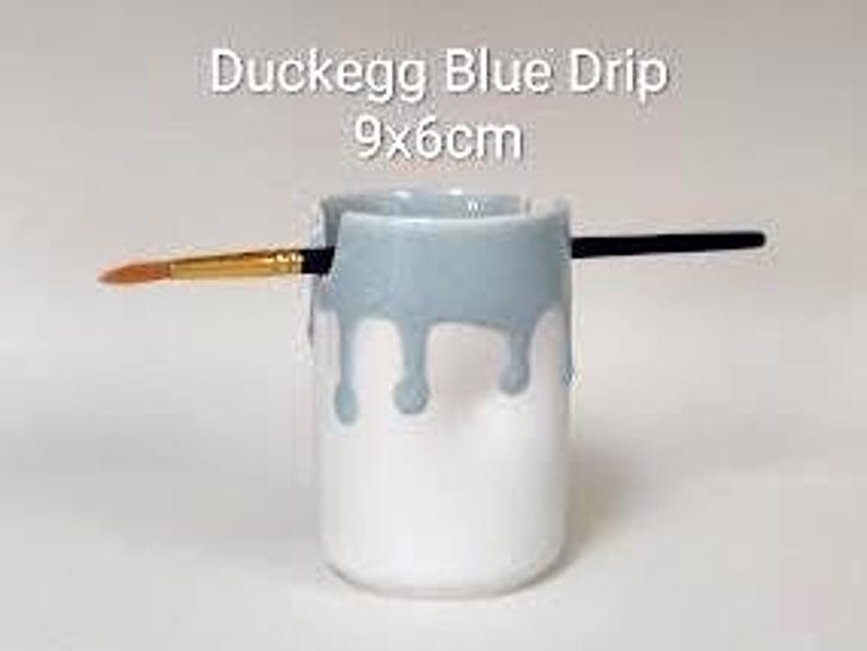 Handmade Ceramic Paint Brush Holder: Artist Gift, Pottery Anniversary (9cmx6cm) Duckegg Blue Drip