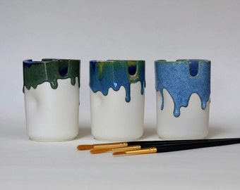 Ceramic Paintbrush Holder, (Blues and Greens) Great gifts for artists, Children or 9th Pottery Anniversary. Please read description. 9x6cm