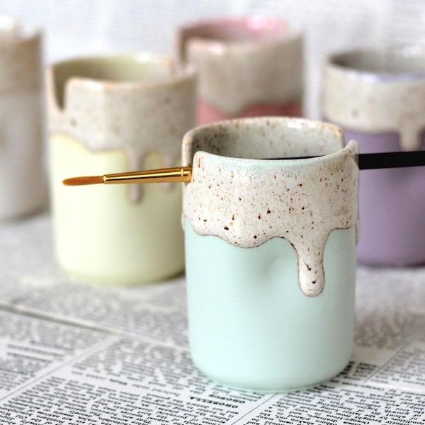 Handmade Ceramic Paintbrush Holder: (Pastels) Glazed Pottery 9x6cm. Artist gift.
