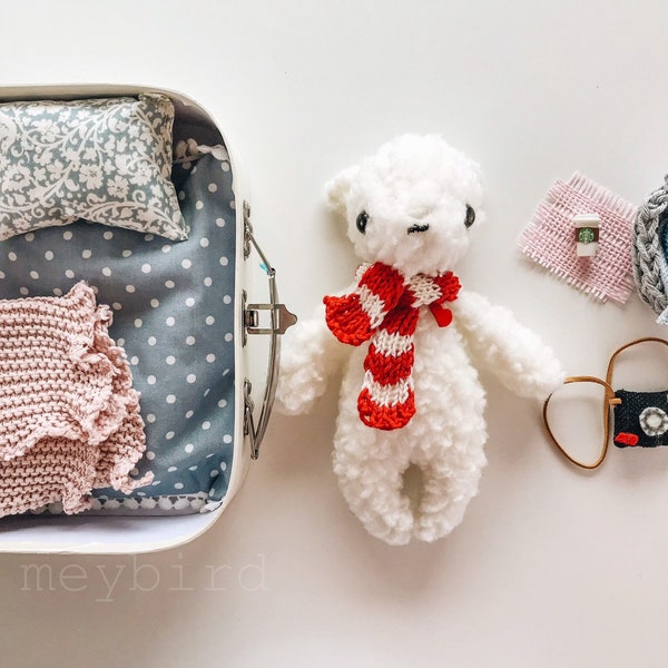 Polar Bear toys set, White Polar bear traveler, Christmas gift, travel toys suitcase, handmade teddy bear