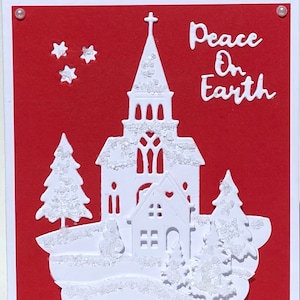 Carte de Noël rouge avec scène de neige en hiver avec église, Carte de Noël fabriquée à la main, Carte de scène de neige en couches 3D, Carte de vœux, Carte de luxe, Carte de fantaisie