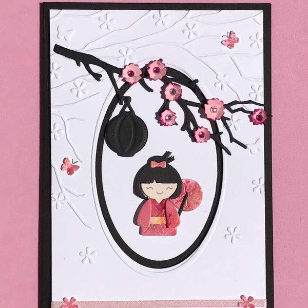 3D Asian Doll and Cherry Blossom Card, Handmade Card, Kokeshi Doll Card, Unique Mother's Day Card,Thank You Card,Happy Mother's Day Card