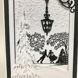 Carte de Noël 3D, Carte de Noël 3D noir et blanc, Carte de Noël vintage faite main, Carte de Noël patineur 3D, Carte de Noël unique fabriquée à la main