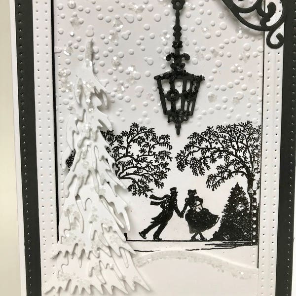 3D Christmas Card, 3D Black & White Christmas Card, Handmade Vintage Christmas Card,3D Skater Christmas Card,Unique Hand Made Christmas Card