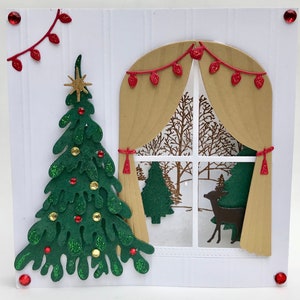 Carte de Noël 3D, carte de sapin de Noël 3D et scène de fenêtre extérieure, carte de Noël unique faite main, carte de Noël 3D de luxe faite main