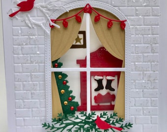 Carte de Noël 3D, Carte de diorama de Noël 3D avec scène de fenêtre et cheminée, Carte de Noël unique faite main, Carte de Noël 3D de luxe fabriquée à la main