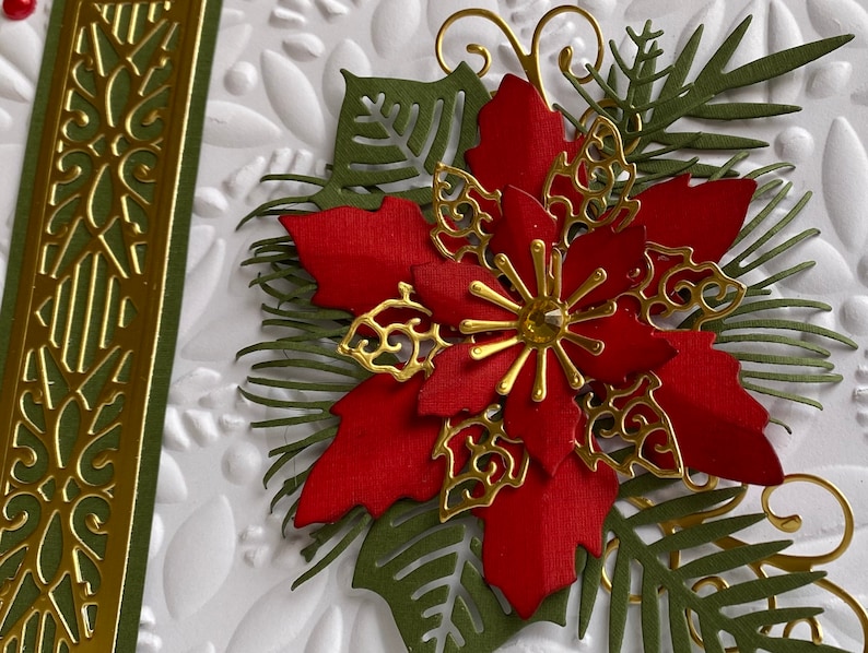 May include: A red poinsettia flower with gold accents and green leaves. The flower is on a white background with a gold and green patterned border.