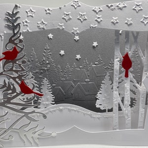 Unique 3D Village Scene with Cardinals Box Card, Hand Made Christmas Card, 3D Diorama Card, Winter Scene Christmas Card,Luxury Holiday Card