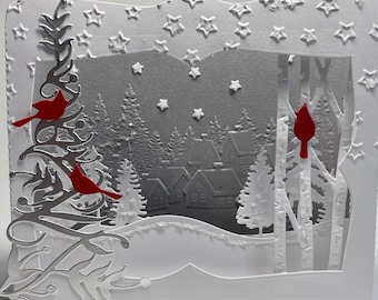 Unique 3D Village Scene with Cardinals Box Card, Hand Made Christmas Card, 3D Diorama Card, Winter Scene Christmas Card,Luxury Holiday Card