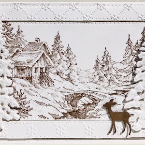 Carte de Noël 3D, Carte de Noël 3D sépia et blanche, Carte de scène d'hiver faite main, Carte de scène d'hiver de cottage 3D, Carte de Noël unique fabriquée à la main