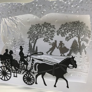 Carte vintage 3D unique en forme de boîte de cheval et de calèche, carte de boîte de Noël faite main, carte de diorama 3D, carte de Noël vintage, carte de boîte de vacances de luxe