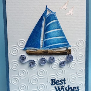 Beau voilier bleu 3D et accents piquants, carte 3D, carte unique pour la fête des pères, carte faite main, carte nautique, carte pour homme, carte masculine