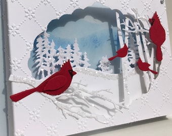 3D Cardinal Winter Scene Christmas Card, Christmas Diorama Card,Glittered Cardinal Card,Unique Handmade Christmas Card,Deluxe Christmas Card