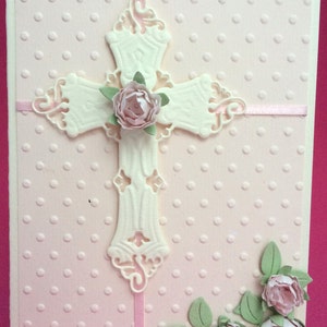 Carte religieuse rose 3D croix, carte faite main, carte de baptême, carte de première communion, carte religieuse unique, carte religieuse croix et rose
