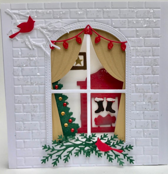 3D Christmas Card: Window Scene with Fireplace Diorama, Window with Fireplace and Santa's Feet