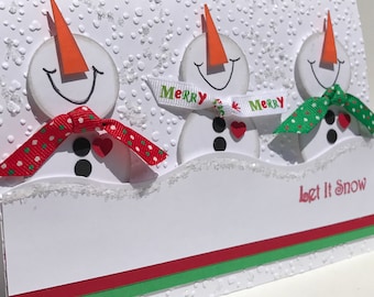 3D Smiling Snowmen Christmas Card: Handmade Embossed Holiday Card