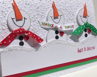 Let it Snow- 3D Snowmen Card in Red and Green, 3D Christmas Card, 3D Snowmen Card, Unique Christmas Card, Handmade Card, Handmade 3D Card