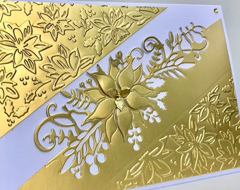 Embossed Gold  Poinsettia Christmas Card, Hand Made Christmas Card, Poinsettia Christmas Card, Holiday Card, Luxury Card, 3D Christmas Card