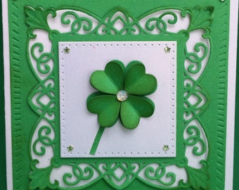 Shamrock 3D Card, Handmade Card, 3D Card, St. Patrick's Day Card, Hand Made Card, 4 Leaf Clover Card, Best of Luck, St. Paddy's Day 3D Card