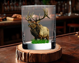 Engraved Bull Elk Whiskey Glass: Hunting Cabin Decor Gift